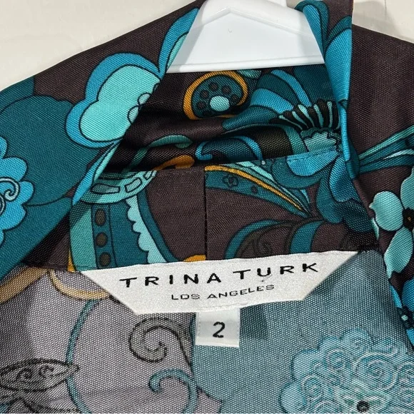 Trina Turk Brown & Blue Floral Dress Cap Sleeve Middle Ruching Viscose Size 2 - Picture 3 of 6